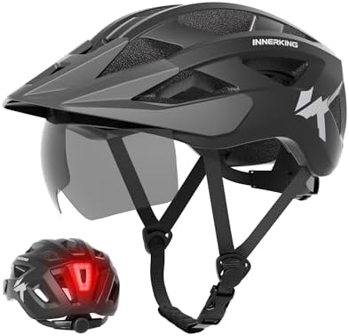 InnerKing Fahrradhelm Herren Damen Leichte Fahrradhelm mit LED Licht | Fahrradhelm mit Magnetische Schutzbrille Visier MTB Helm Radhelm Cityhelm