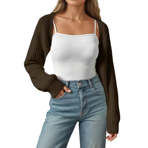 Suéter Corto Tipo cárdigan para Mujer Chaqueta de Punto Casual versátil para otoño e Invierno Prenda Exterior Diaria con diseño de Cuello en V y Mangas largas (Coffee, M)
