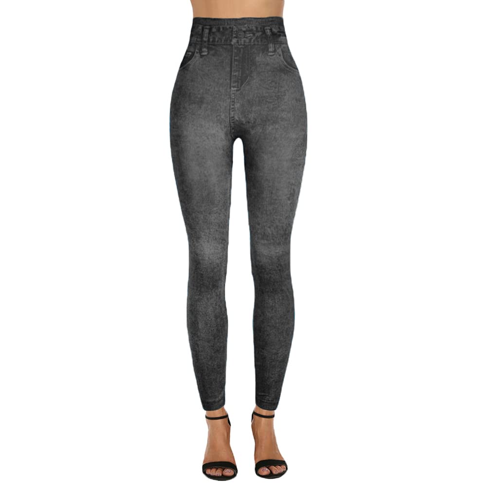 Junhouse Women Ladies Skinny Faux Denim Leggings Jeans Jeggings Fit Classic Stretch Floral Jeans High Waist Pencil Pants Tights Trousers (XS,XH Black)