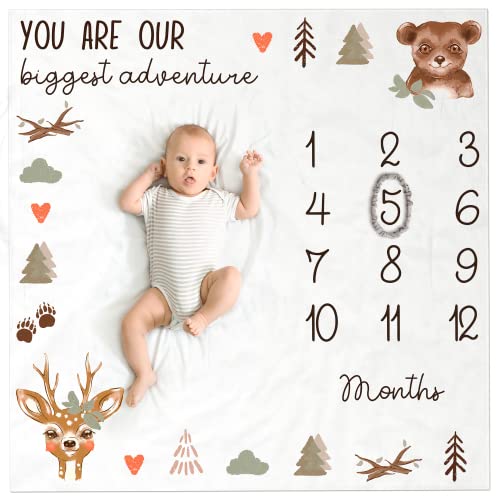 Image of ZICOTO Modern Baby Milestone Blanket - Beautiful Woodland Friends Design for Personalized Monthly Baby Pictures - Cherish Your Adorable Babys Boy Or Girl Milestones Forever