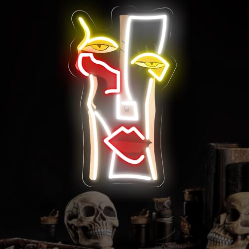 Image of Woman Face Abstract Neon Sign, Abstract LED Light Wall Art | USB Powered Dimmable Modern Neon Sign Wall Art Gift for Home Decor Personalized 16.5 inchX11.8 inch
