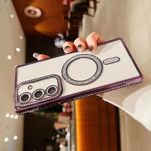 Image of for Samsung Galaxy Glitter Case,Luxury Bling Rhinestone Diamond Plated Bumper Case,MagSafe, Sparkle Camera Lens Protection Clear Back Cover (Purple, for Samsung Galaxy S25 Plus 5G)