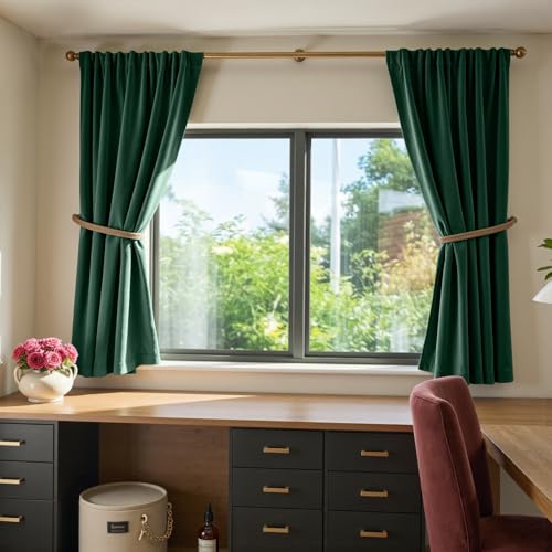 Image of Blackout Emerald Green Velvet Curtains 52x63 Inch 2 Panels | Soft Velvet, For Small Windows, Kitchens & Bathrooms, Light Shifting Texture, Elegant Drape, Classic