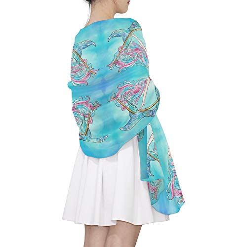 Mermaid Swinging on a Rope On Turquoise Women Long Silk Scarf, Shawl Chiffon Large Stole Headscarf, Lightweight Sunscreen Satin Scarves Wraps for Wedding Party Gift4
