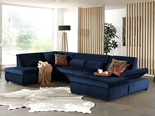 Lisa Design - Canapé d'angle Panoramique en U Vermont - Canapé en 7 Places en Velours, avec 2 Méridiennes - Taille XXL 3,35 m - Accoudoir Réglable - Fabriqué en UE - Gauche, Bleu Nuit