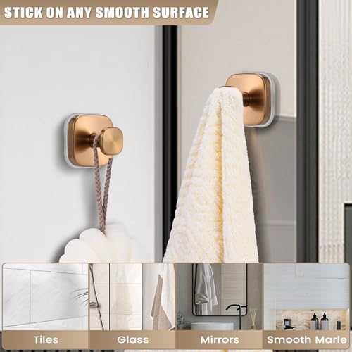 Image of No-Drill Reusable Suction Cup Hooks, Towel, Robe, Loofah, Coat Hook for Glass, Mirror, Tile, Shower, Bathroom, Kitchen & Metal (Smooth, Non-Porous Surfaces) (2, Champagne Bronze)