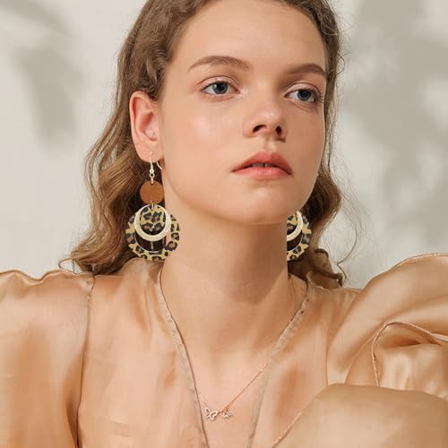 Handmade Bohemian PU Geometry Circle Dangle Drop Earrings Lightweight Nature Wooden Disc Leopard Print Hook Earrings For Women4