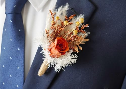 Boutonniere de Flores Secas para Boda Color Naranja miniatura 5