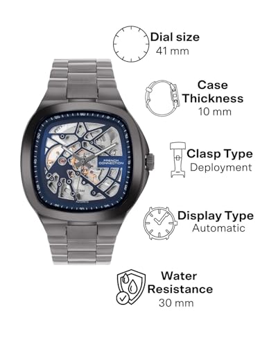 Image of French Connection See Through Blue Square Dial | Gun Stainless Steel Strap Automatic Watch for Mens FCA16UGNM