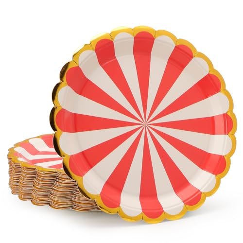 PARTY GO Assiettes en carton de 22,4 cm, 50 pièces, Rouge, Style rayé, Pour dîners et desserts, Occasions spéciales