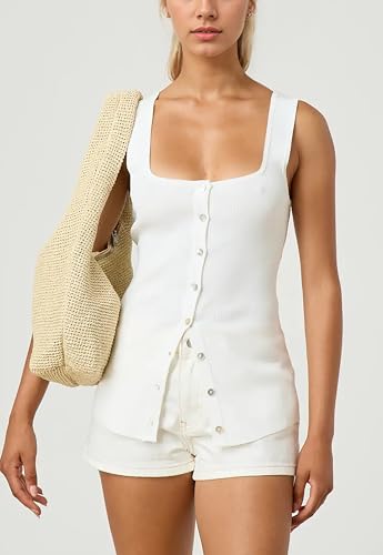 Image of Women Square Neck Button Down Knit Tank Top Button-Up U Neck Sleeveless Backless Solid Slim Sexy Sweater Vest Tops