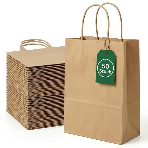 RITOLLO 50 Stück Papiertüten 21 x 15 x 8 cm Kraftpapiertüten mit Henkel Geschenktüten Praktische Party-Tüten perfekt für Geburtstage Weihnachten Feiern und diverse Veranstaltungen