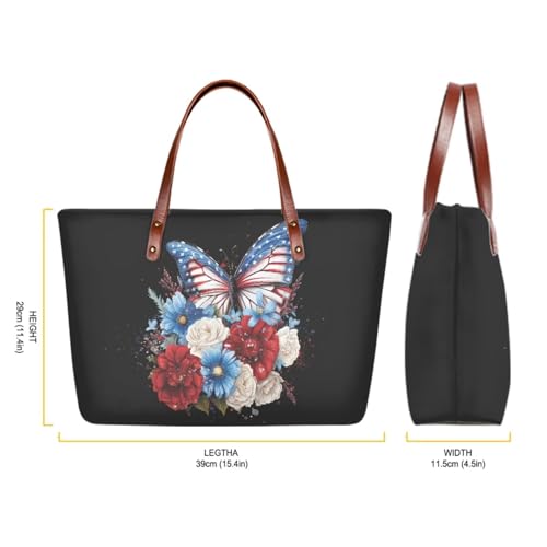 Image of Butterfly Tote Large Top Handle Purse With Matching Wallet, American Flag Handbag Set for Women Satchel Hobo With PU Cosmetic Bag for Working, Shopping, Black