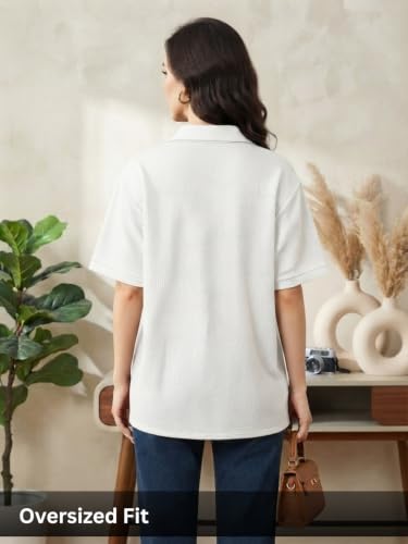 Image of Leriya Fashion Shirts for Women | Cuban Collar Textured Half Sleeve Button-Down Casual Shirt | Relaxed Fit Shirt Everyday Office Wear & Vacation Wear