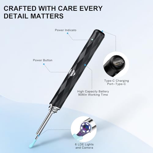 High-Definition Ear Wax Removal, Wireless Ear Cleaner, Safe and Gentle Ear Wax Removal Kit, Rechargeable Ear Cleaner with Camera and Light, Ear Cleaning Kit for Android and iOS (Black)