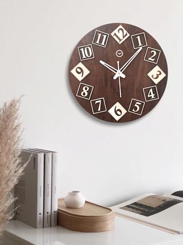 Image of cozyloom Antique Wooden Analog Wall Clock - Rustic Vintage-Style Classic Timepiece with Bold Number Blocks &Home, Living Room, Office Decor
