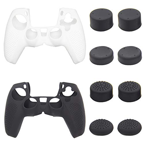 PS5 DualSense Controller Skin, Studded Anti-Slip PS5 DualSense Controller Cover Silicone Grip for PS5 Controller(Black&White Controller Skin x 2 + FPS PRO Thumb Grips x 8)