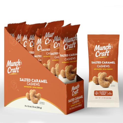 Image of Munch Craft Gourmet Salted Caramel Cashews (8-Pack Box) - Perfectly Balanced Flavor (Buttery Caramel & Sea Salt) - Extra Crunchy Air-Roasted Nuts, Oil-Free - Eight 1.5 oz Snack Bags (12 oz Total)