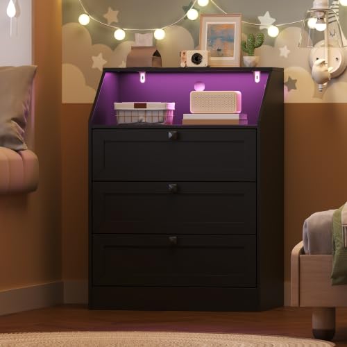 Image of Wodeer Black Dresser 3 Drawer Nightstand, Wood Night Stand with LED Lights, Charging Station, Metal Handles, Modern Storage Cabinet and Organizer Drawers for Living Room, Hallway