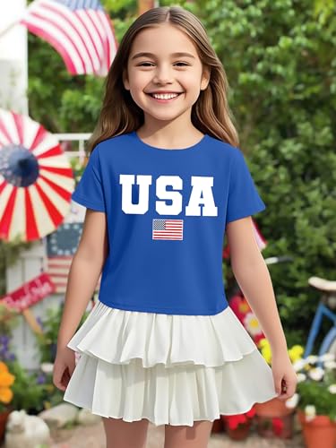 Image of VVNTY Girls American Flag Crop Tops Kids USA Crop Shirt Patriotic 4th of July Tops 5-14 Years