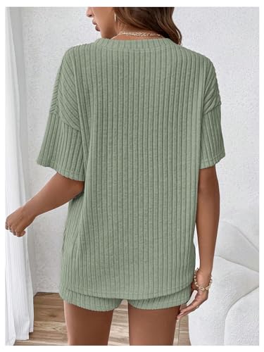 Image of MakeMeChic Women's Maternity 2 Piece Outfits Summer Short Sleeve Rib Knit Tee Top and Short Lounge Sets Clothes