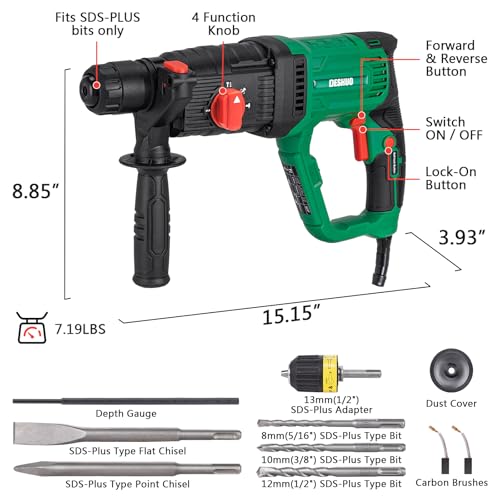 Image of 1 inch SDS-Plus Lightweight Concrete Rotary Hammer Drill w / 1 /2 inch Adapter | 9 Amp Corded Electric 7.2 Lbs 4 Functions & Reverse Variable Speed Safety Clutch Rotomartillo w / 3 Drill Bits 2 Chisels Case