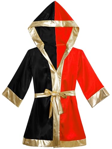 FEESHOW Kids Boys Color Block Hooded Boxing Robes Open Front Boxer Cloak with Belt Halloween Cosplay Dress Up3