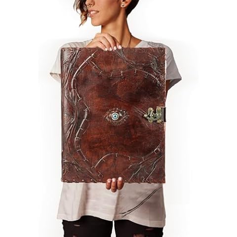 TUZECH Cutomizable Hocus Pocus Book of Spells Leather Journal Third Eye Deckle Edge Paper Grimoire Journal Vintage Book of Shadows Seven Chakra Antique Spell Book Lock Clasp Notebook Witch (10 x 13 Cover