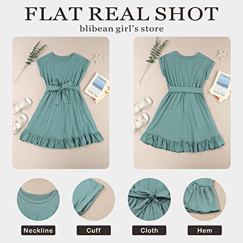 Blibean Girl Summer Boho Dress Tween Kid Short Sleeve Maxi Aline Swing Dresses Bohemian Solid Midi Flowy Clothes Vestido Niña Size 8-9 Years Large Green #TOP4