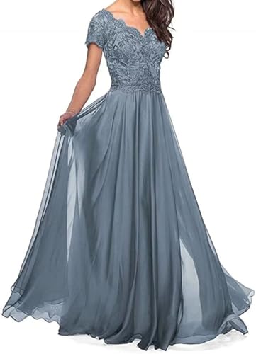 Lace Appliques Mother of The Bride Dress Short Sleeves V Neck Long Chiffon Mother of The Groom Dress3