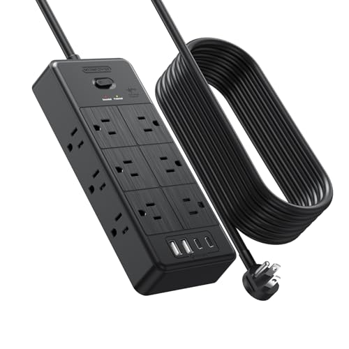NTONPOWER Long Cord Power Strip 10 FT, 3 Prong Extension Cord with 12 Outlets & 4 USB Ports (2 USB C), 3 Side Multiple Outlet Extender, Flat Plug Wall Mounted for Home Office, SurgePro 10FT