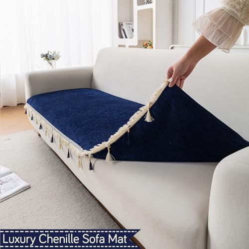 Image of HOKIPO 'Serenity Tassel' Chenille 3 Seater Sofa Cover with Tassel - Sapphire Navy (IN-892-NBL)