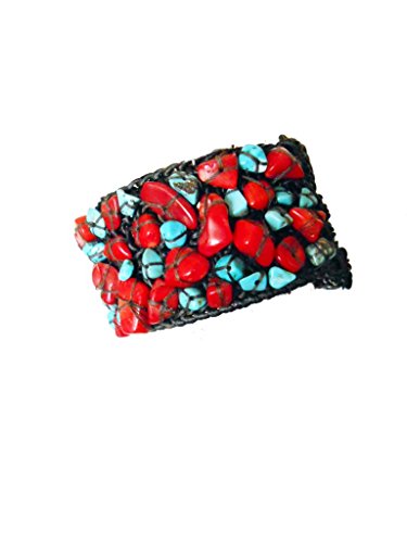 Khum Wieng Kham Women's Bangle Bracelet Handmade Cuff Crochet Wax String Jewelry Turquoise-Red