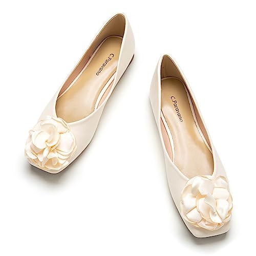 Image of C.Paravano Ballet Flats for Women | Women's Flats | Square Toe | Slip On Dress Shoes | Satin Flower Shoes