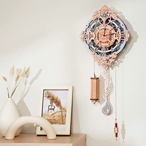 ROKR 3D Puzzles for Adults Vintage Wooden Pendulum Clock Kits 12", Mechanical Building Model Kits DIY Wall Clock Hobbies for Adults Home Decor Gifts