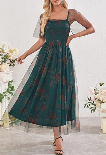 MEROKEETY Women's 2025 Summer Short Sleeve Floral Tulle Dress Square Neck Smocked Party Wedding Boho Maxi Dresses2