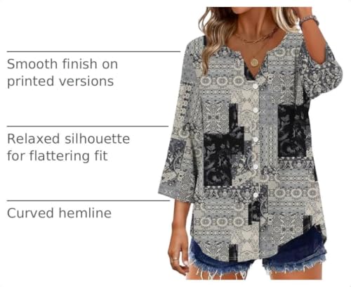Image of OFEEFAN Button Down Shirts for Women 3 /4 Length Sleeve Tops V Neck Blouses Business Casual Outfits Loose Fit