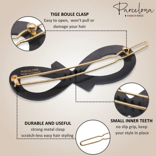 Parcelona French Ribbon Knot Infinity 2 1/4" Small Celluloid Acetate Hair Clips With Tige Boule Clasp Set Of 2 Fashion Durable Styling No Slip Grip Women Hair Accessories Girls Side Slide-In Barrette Clip ,Made In France (Solid Black) #TOP2