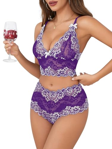 Image of Lilosy Sexy Lingerie for Women Lace Pajamas Set Cami Bra and Panty High Waist Sheer Sleepwear 2 Piece 2XS-6XL