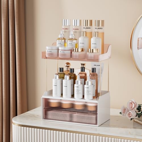 Image of Delamu 4-Tier Makeup Organizer, Bathroom Counter, 2 Drawers, Grapefruit