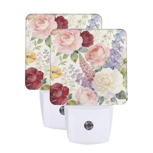 Image of Watercolor Spring Flower Rose LED Plug-in Nightlights Set of 2 for Bedroom