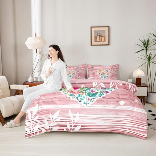 Image of Erosebridal Pink Valentine 7 Piece Bed in A Bag King Comforter Set Love Heart Flowers Bedding Set for Girls Romantic Floral Heart Shaped Sheet Set with Comforter Geometric Stripes Cottagecore Quilt