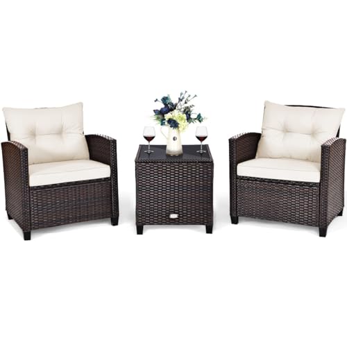 HAPPYGRILL 3 Pieces Patio Conversation Set, Outdoor Furniture Set PE Rattan Sofa Set with Removable Cushions, PE Wicker Chairs with Tempered Glass Side Table for Porch Lawn Garden Balcony Backyard