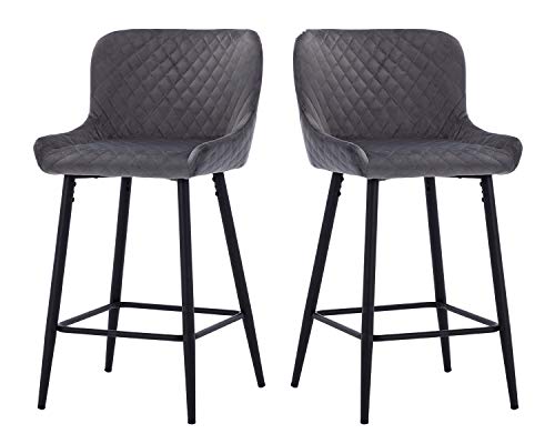 Guyou Retro Stools Diamond Tufted 26.6\" Counter Hight Stool Set of 2, Velvet Upholstered Arm Chair Dning Chair with High Steel Legs Kitchen Pub,Grey