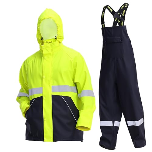 Hi-Vis Workwear PRO Men's Heavy Duty Waterproof Rain Suit, 3-Piece Safety Jacket & Bib Pants Set for...