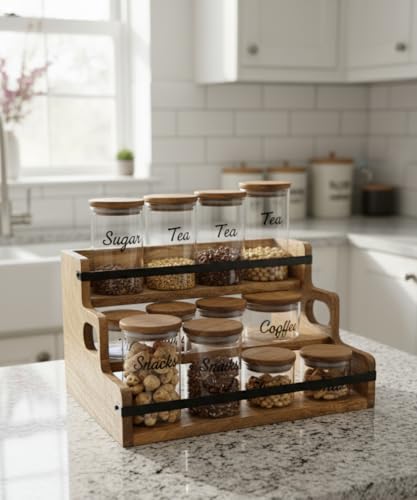 Image of CAR-O-BAR Premium Multipurpose Rack Organizer | Wooden Serving Rack | 3-Tier Countertop Wine & Whiskey Rack Mini Bar Organizer | Multipurpose Retro Bar Shelf for Home Decor (36.0X30X23cm)