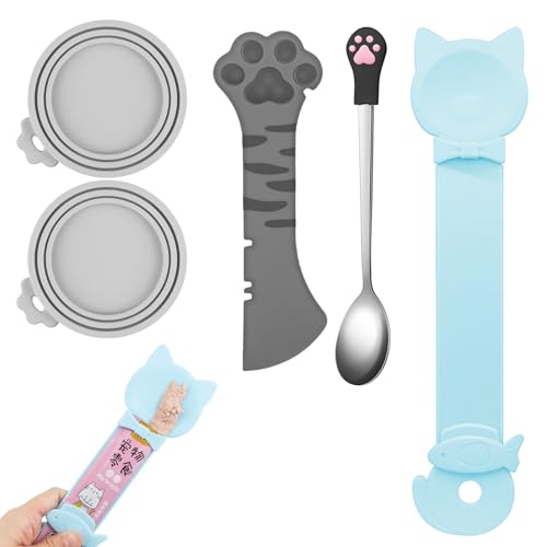 Aecsze 5 PCS Cat Food Can Covers Lids Set, Silicone Pet Food Can Lids with Multi-Function Cat Food Spoon and Opener, Cat Bar Squeezer, Stainless Steel Wet Food Spoon for Cats and Dogs (Grey)