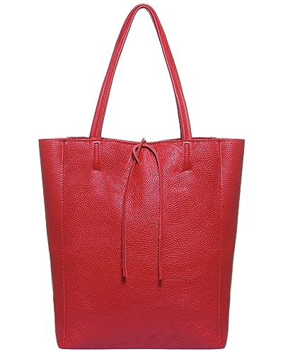 Image of Genuine Italian Leather Tote Bag for Women, Large Slouchy Purse, Red | Unstructured bag, raw unlined interior with zip pocket, top zipper, side ties, folds flat, fits a 16-inch laptop, lightweight