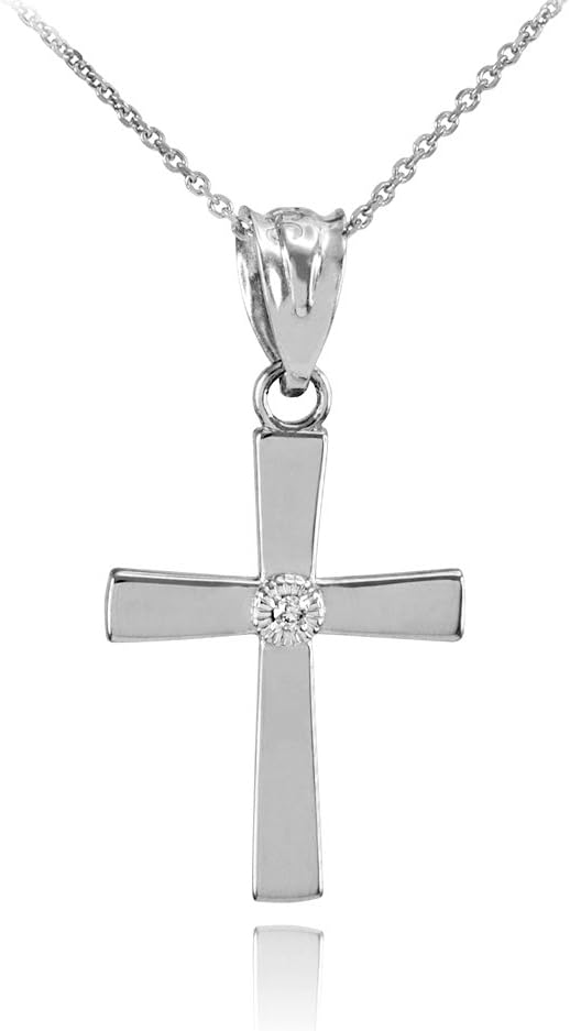 Religious Jewelry 14k White Gold Solitaire Diamond Cross Charm Pendant Necklace (1" x 0.50")