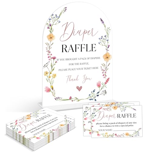 Baby Shower Games - Wildflower Diaper Raffle, 1 Arch Acrylic Sign and 50 Diaper Raffle Tickets, Gender Reveal Game, Floral Baby Shower Decoration Supplies (NS05)